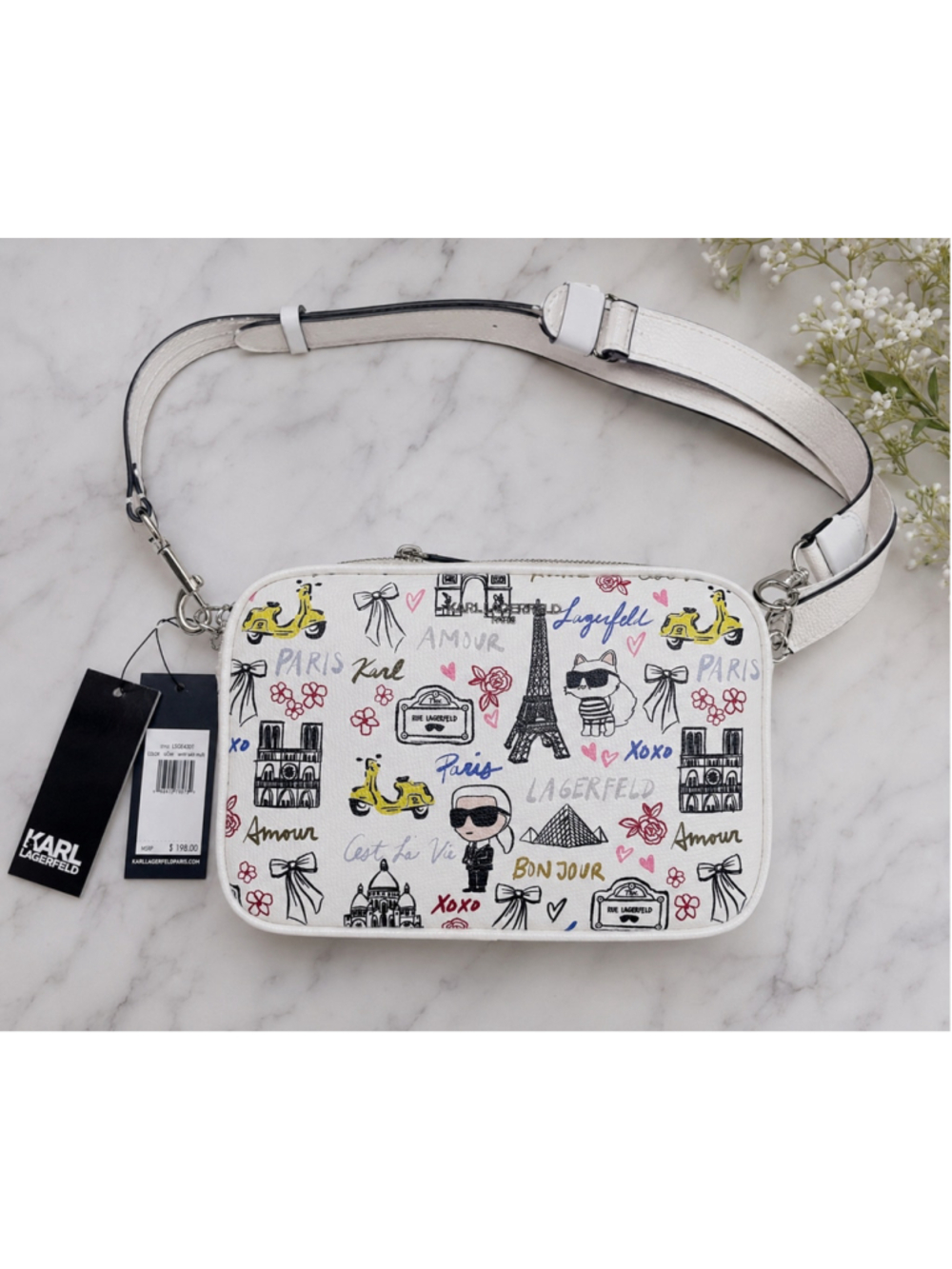 NWT Karl Lagerfeld Paris White Paris Print Camera Crossbody Bag $198 MSRP